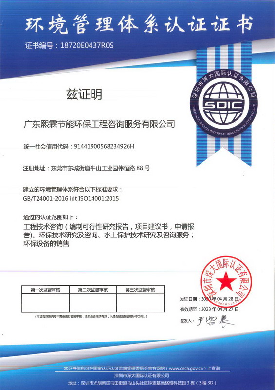 环境管理体系认证证书ISO14001:2015
